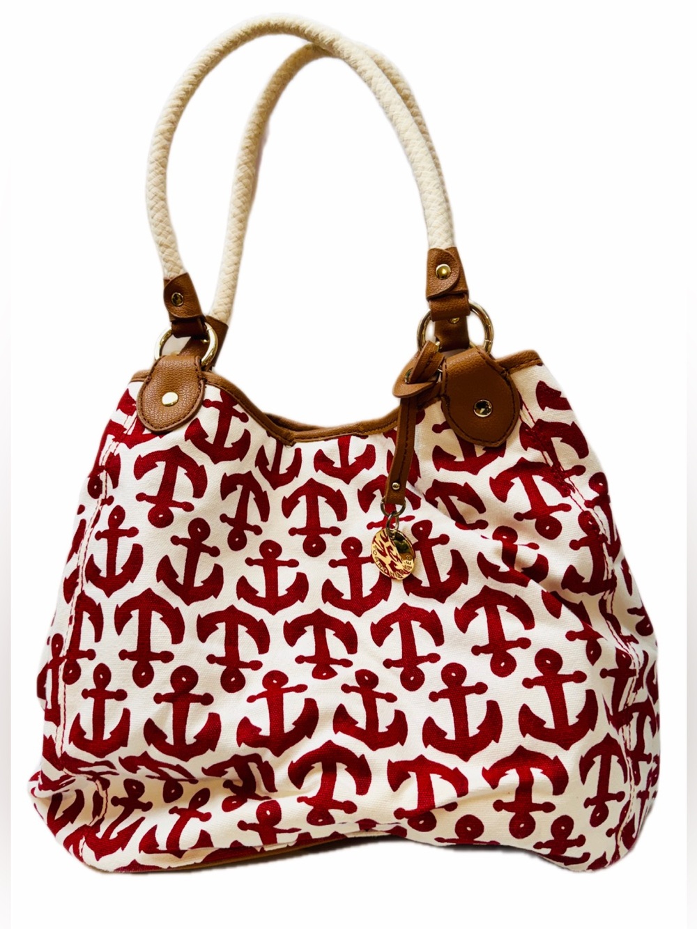 NWOT Tommy Hilfiger Red Anchor Canvas Tote Bag Rope Handles